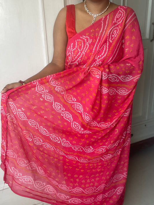 Pure chiffon rai bandhej saree - Peach