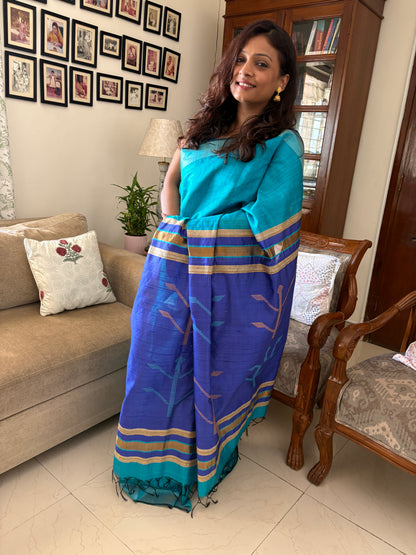 Pure 100% Tusshar silk with raw silk saree - Mohini Firoza blue