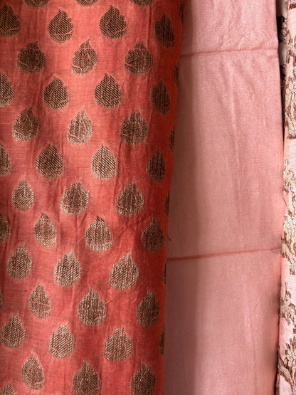 Muslin cotton 3 piece Banarasi suit material - Peach orange