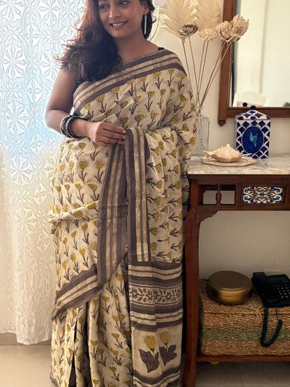 Naturally dyes Vanaspati Ajrak Modal silk saree - Beige brown
