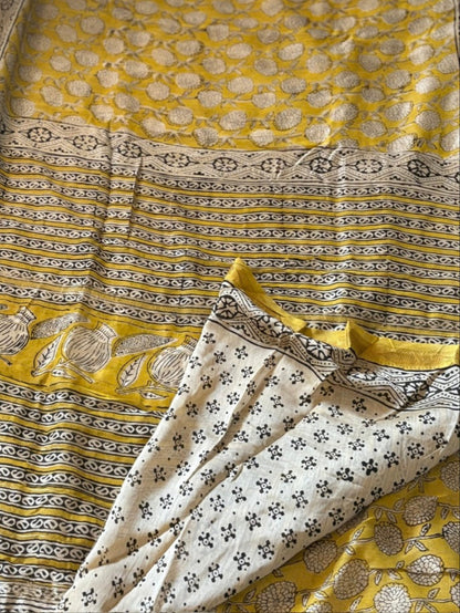 Maheshwari handblock print silk saree - Yellow Anar