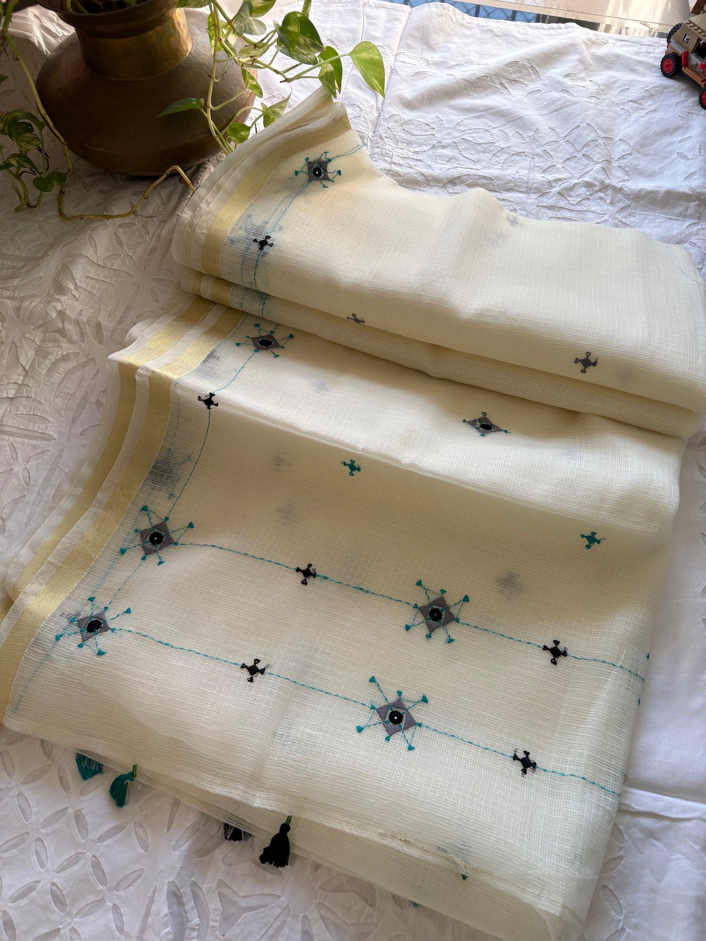 Kota Doria hand embroidered saree - White