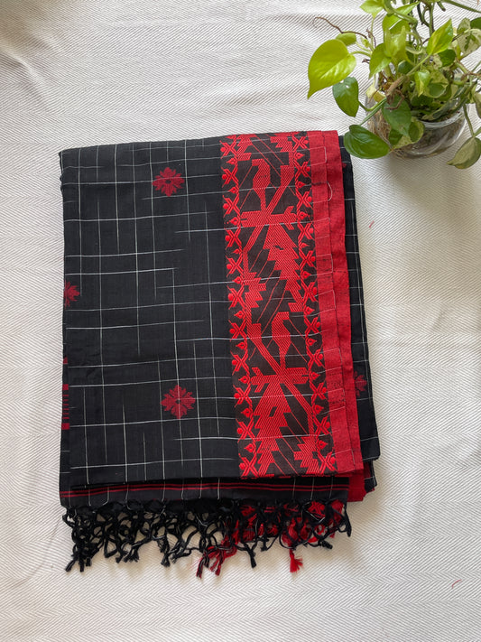 Khadi cotton Jamdani saree - Black Red