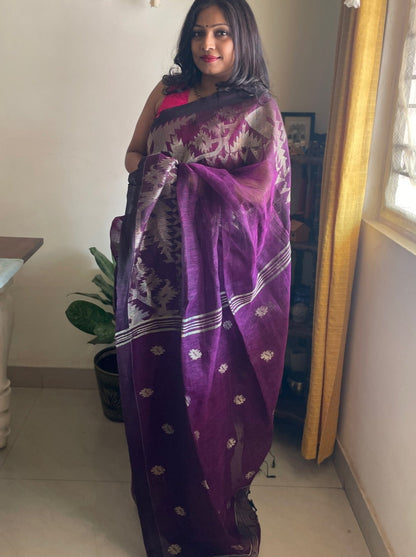 Linen Zari Jamdani saree - Jamun2