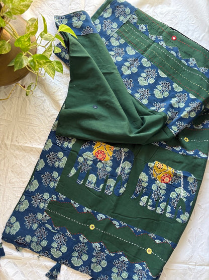 Cotton patchwork saree - Green blue