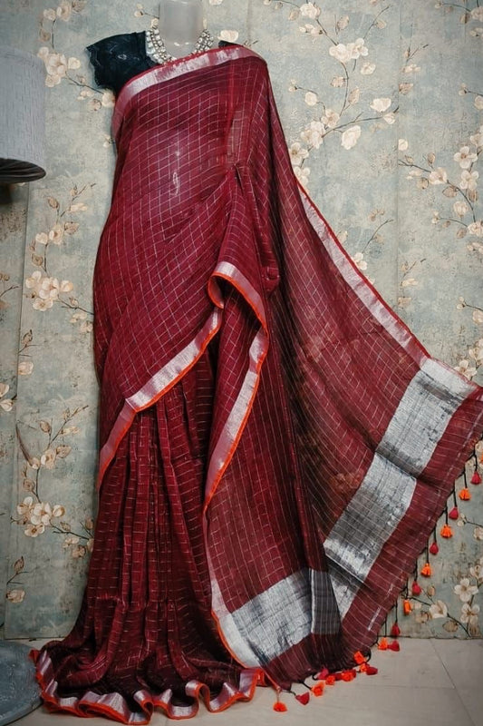 Linen handwoven check saree - Maroon