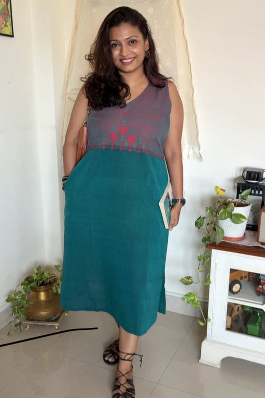 Handcrafted Urmul kala cotton dress - Green