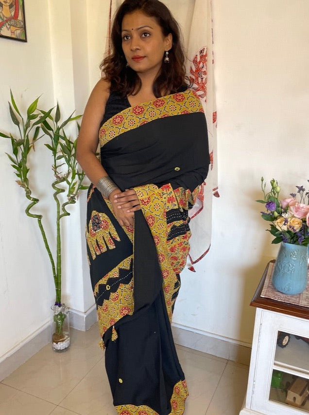 Handmade Patchwork cotton saree - Black