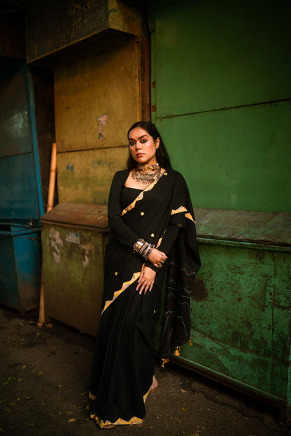 Black cotton patchwork saree - Black yellow