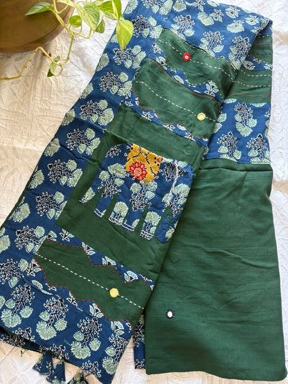 Cotton patchwork saree - Green blue