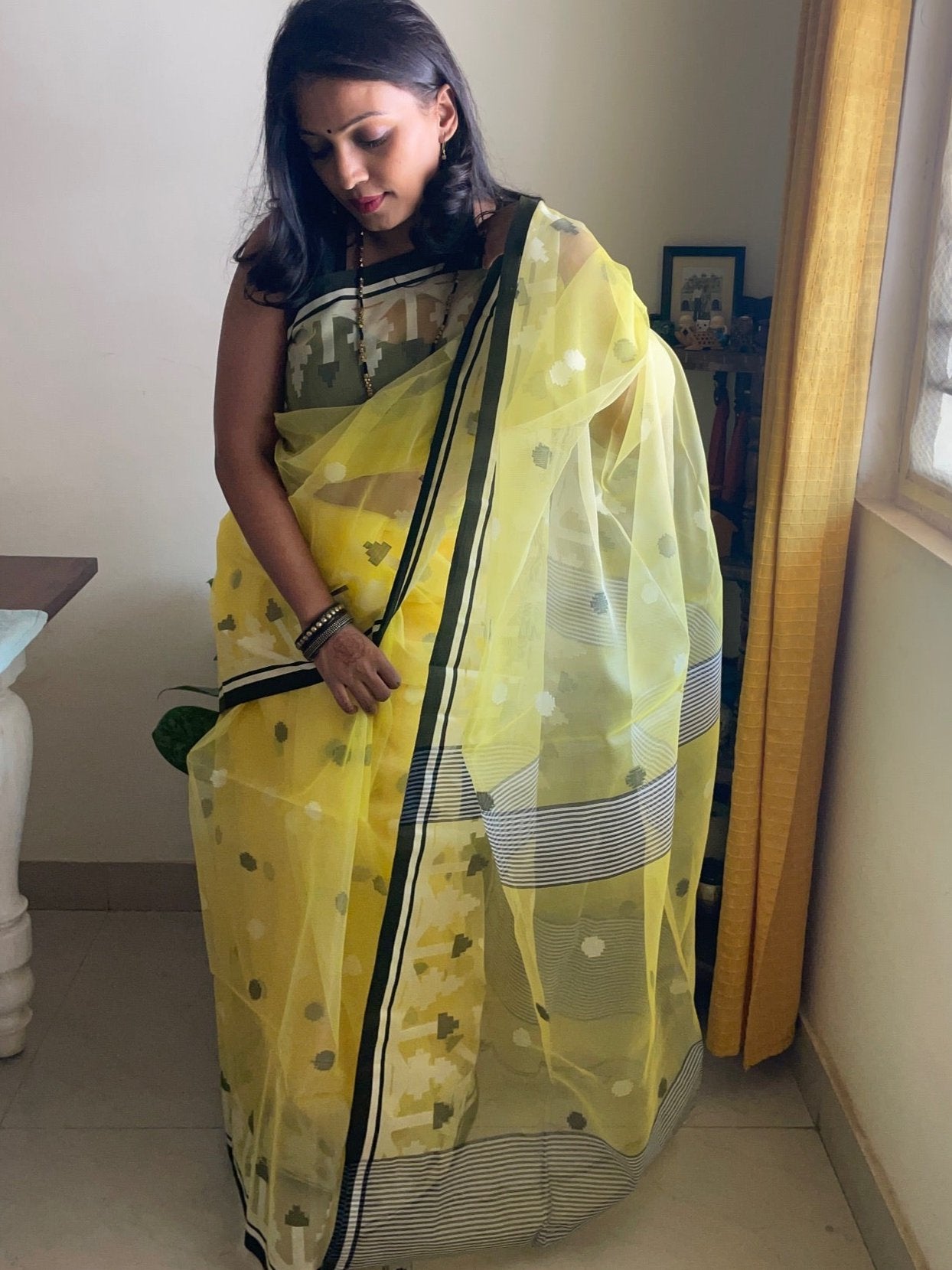 Muslin silk Jamdani saree - Yellow