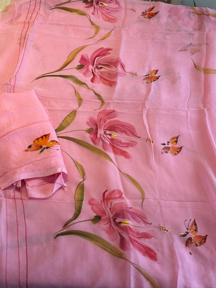 Handpainted chiffon saree - Pink 1