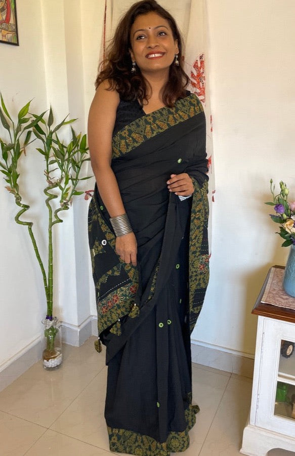 Handmade patchwork cotton saree - Black