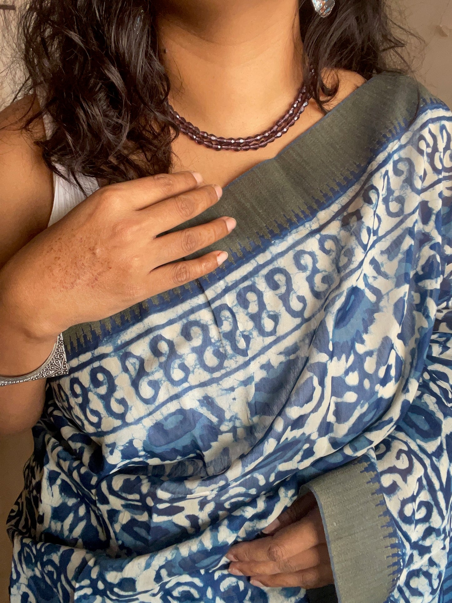 Maati Indigo - Handblock printed desi ghicha silk saree