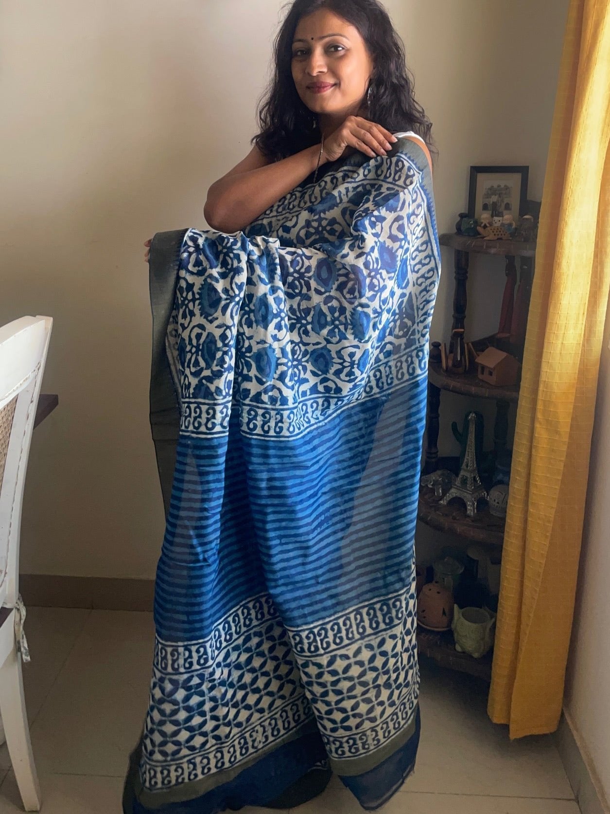 Maati Indigo - Handblock printed desi ghicha silk saree