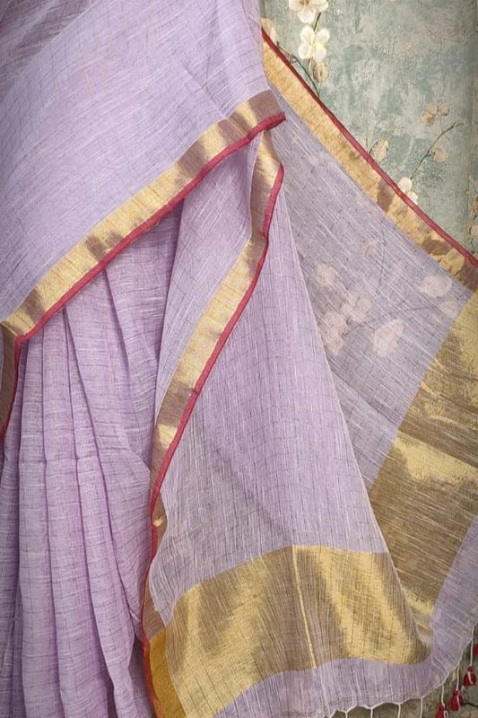 Linen handwoven check saree - baby pink