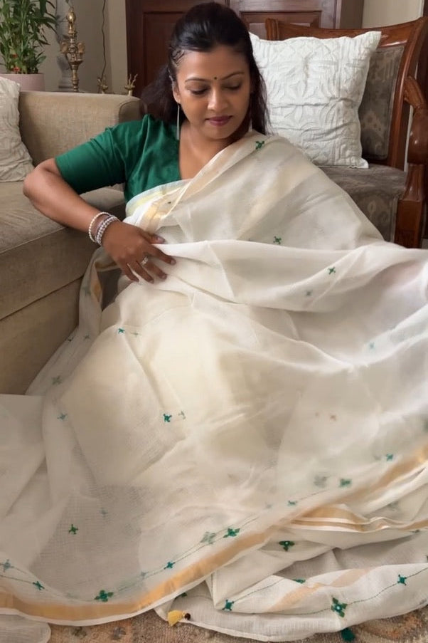 Kota Doria hand embroidered saree - Cream