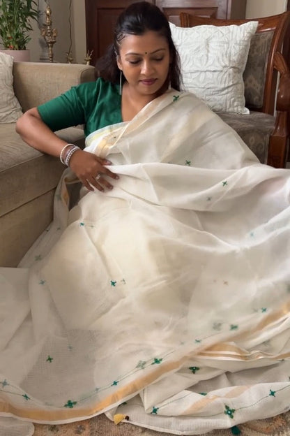 Kota Doria hand embroidered saree - Cream