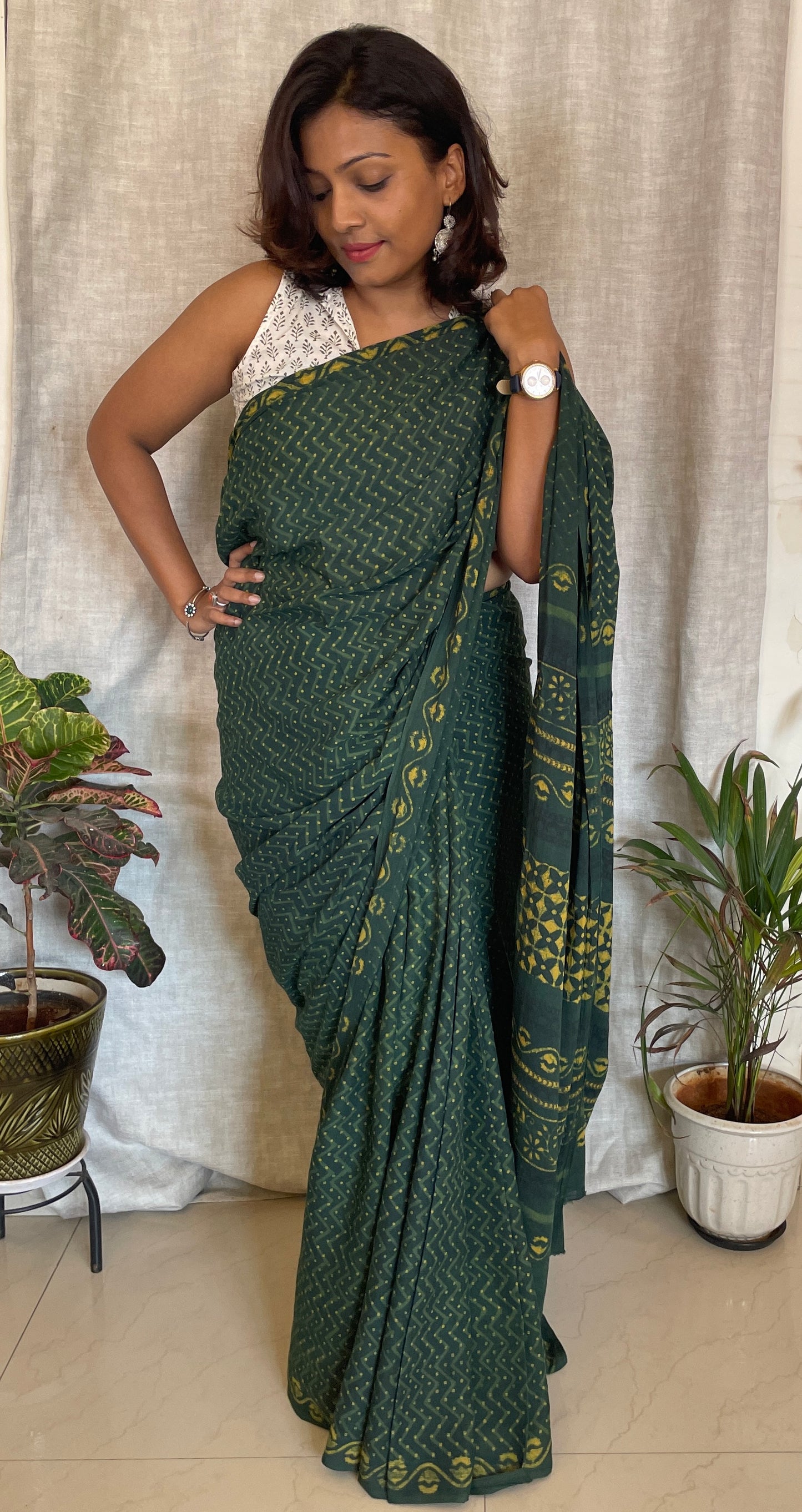 Natural Green hand block printed Mul cotton saree