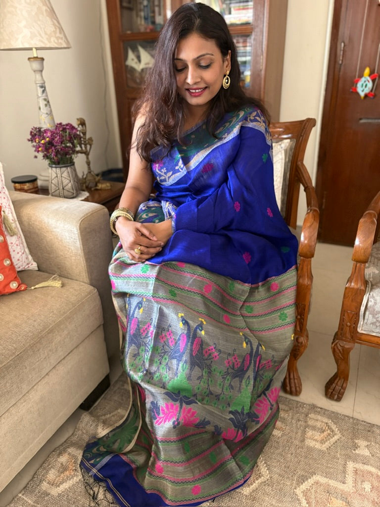 Pure Matka silk saree - Bright blue