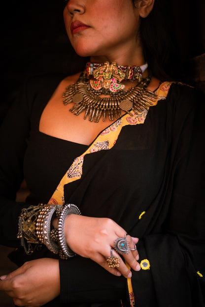 Black cotton patchwork saree - Black yellow