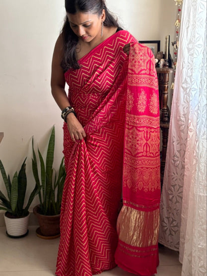 Modal silk handblock Ajrakh zig zag saree - Pink