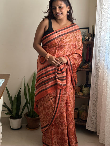 Naturally dyed Vanaspati Ajrak Modal silk saree - Earthy Red