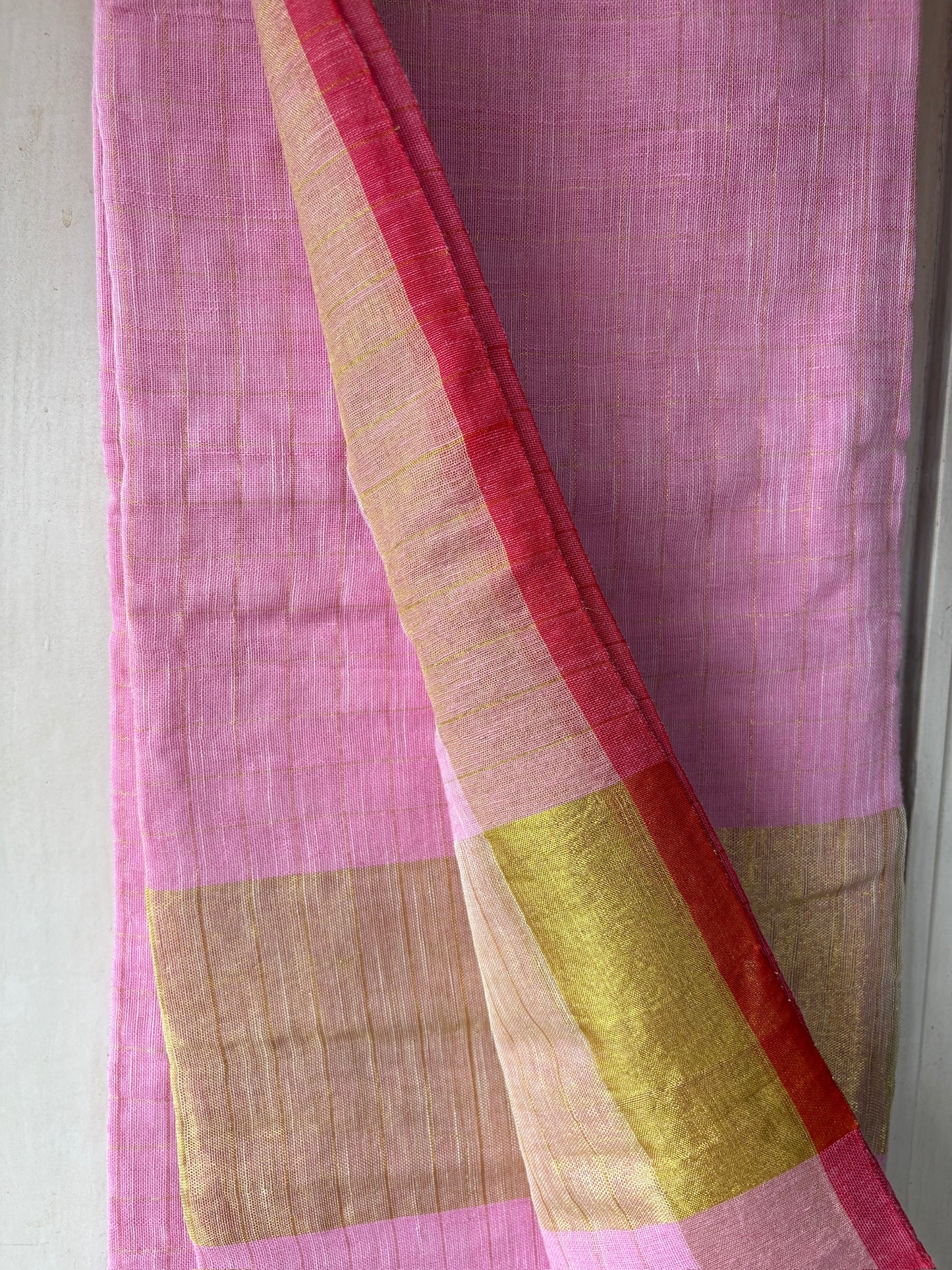 Linen handwoven check saree - baby pink
