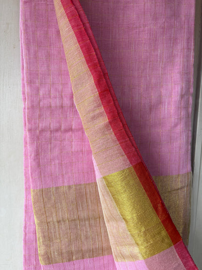 Linen handwoven check saree - baby pink