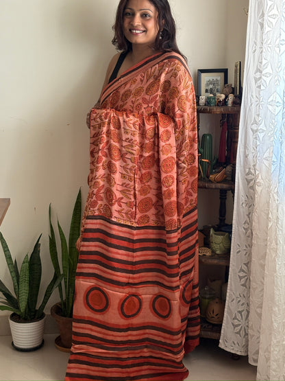 Naturally dyed Vanaspati Ajrak Modal silk saree - Earthy Red