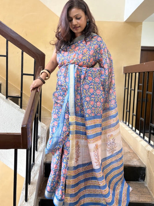 Maheshwari silk handblock print saree - Phool 3