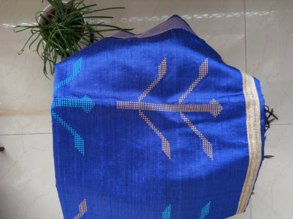 Pure 100% Tusshar silk with raw silk saree - Mohini Firoza blue