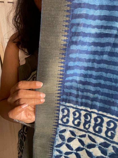 Maati Indigo - Handblock printed desi ghicha silk saree