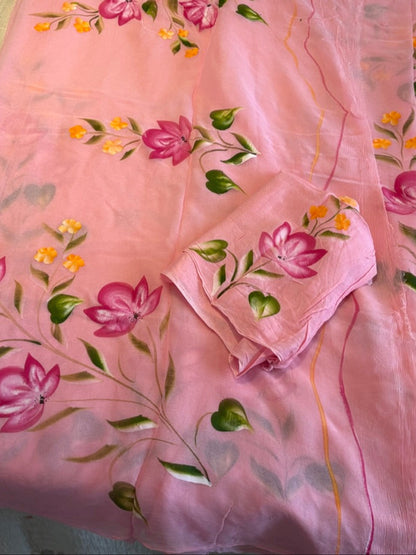 Handpainted Chiffon saree - Pink2
