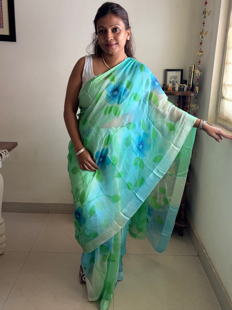Hand painted pure chiffon saree - Bluish green