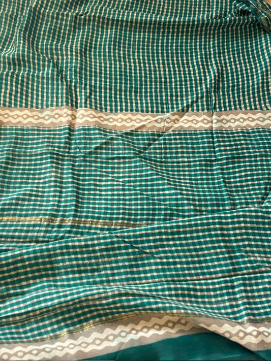 Hand block print cotton silk saree - Green