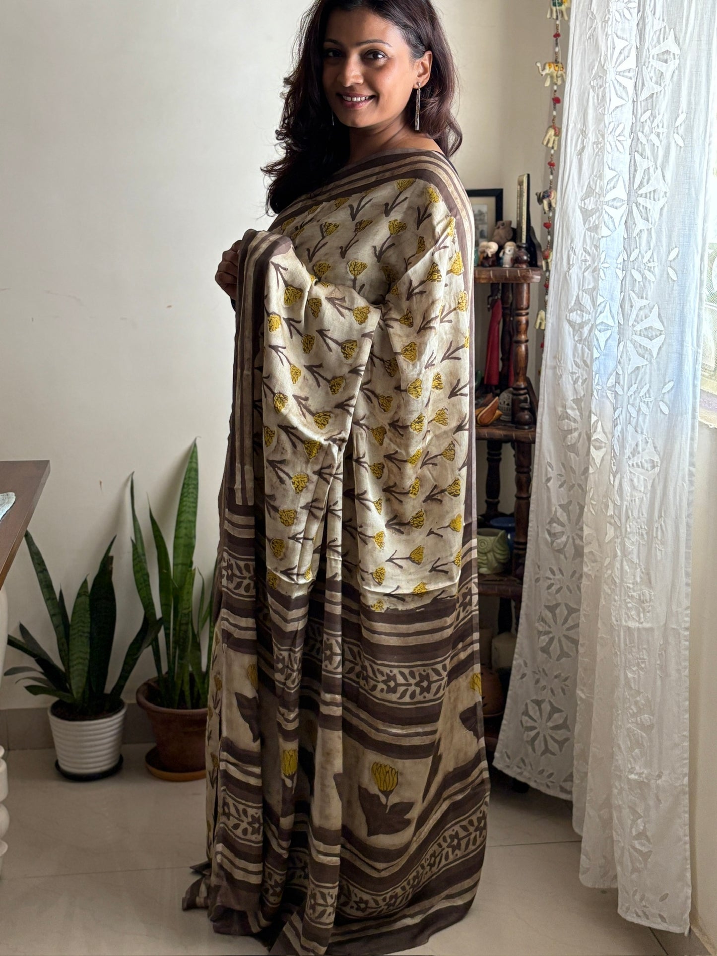 Naturally dyes Vanaspati Ajrak Modal silk saree - Beige brown