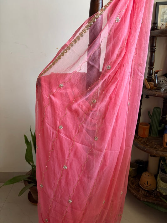 Zari chiffon saree - Peach