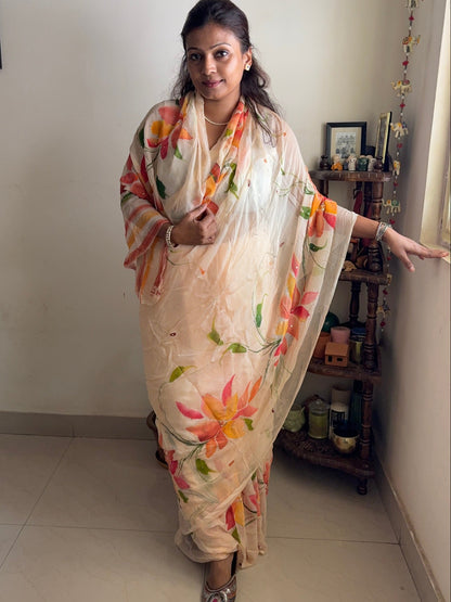 Hand-painted chiffon saree - peach with zari work