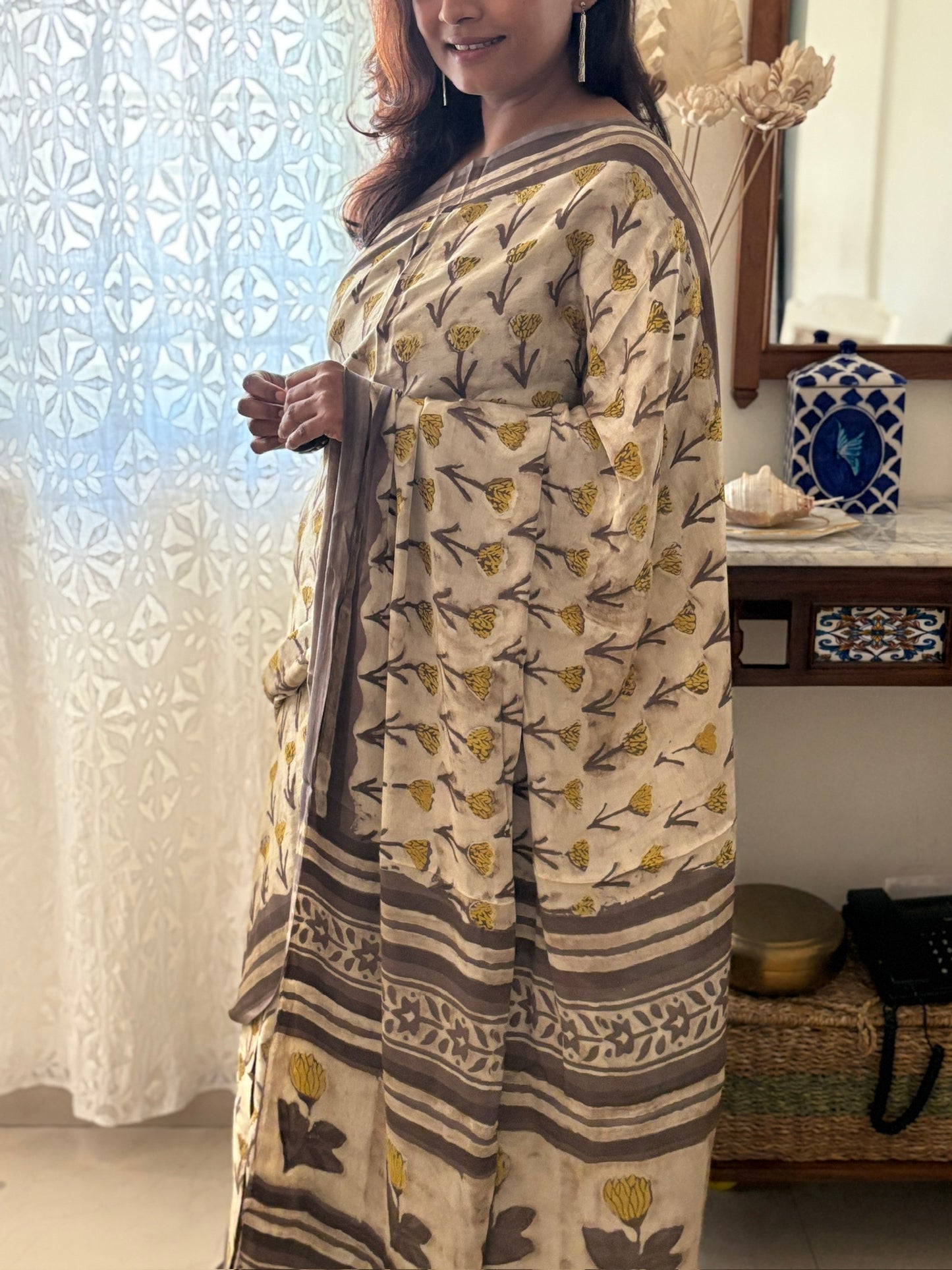 Naturally dyes Vanaspati Ajrak Modal silk saree - Beige brown