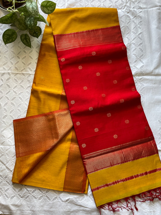 Sandhya - Pure Maheshwari silk cotton saree (Yellow Red)