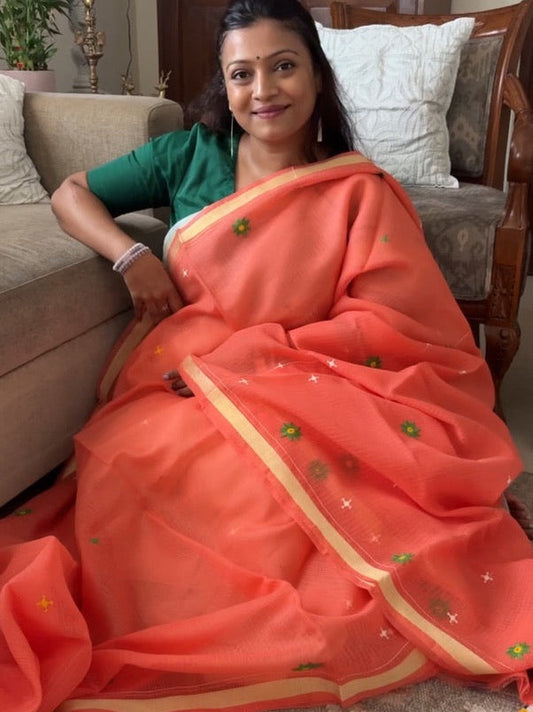 Kota Doria hand embroidered saree - Orange
