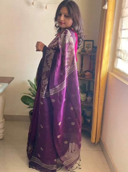 Linen Zari Jamdani saree - Jamun2