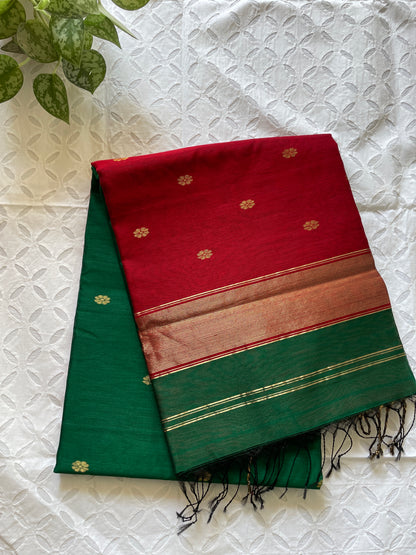 Sandhya - Pure Maheshwari Silk cotton saree (Green Red)