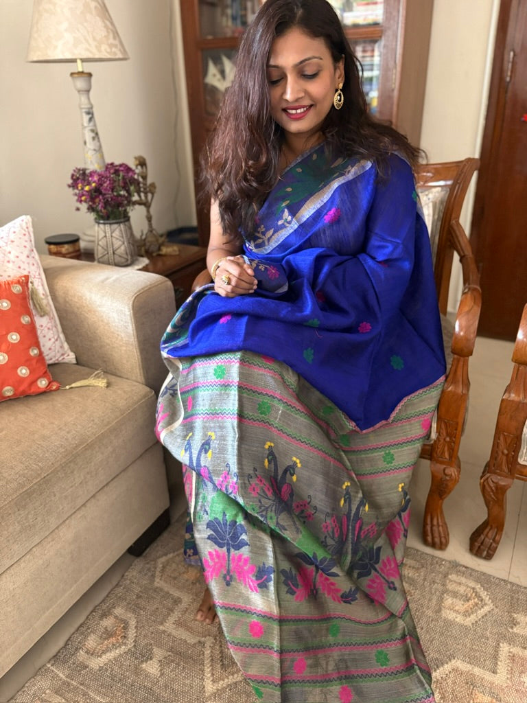 Pure Matka silk saree - Bright blue