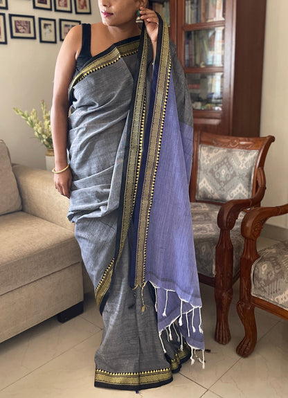 Handloom pure cotton saree with noksha border - grey blue