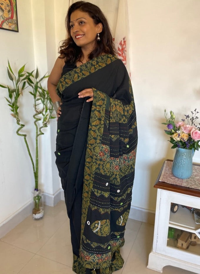 Handmade patchwork cotton saree - Black