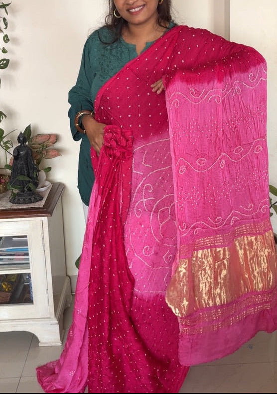 Bandhani Gajji silk saree with laadu design - Pink