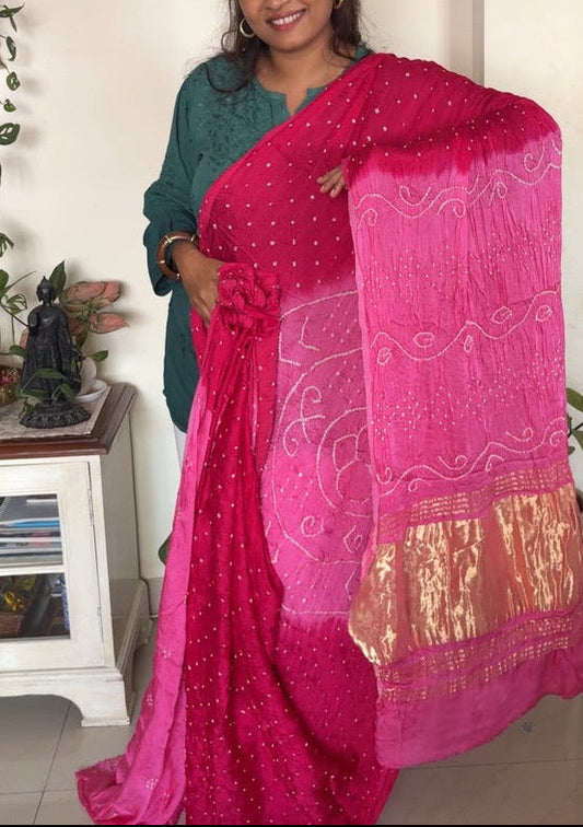 Bandhani Gajji silk saree with laadu design - Pink
