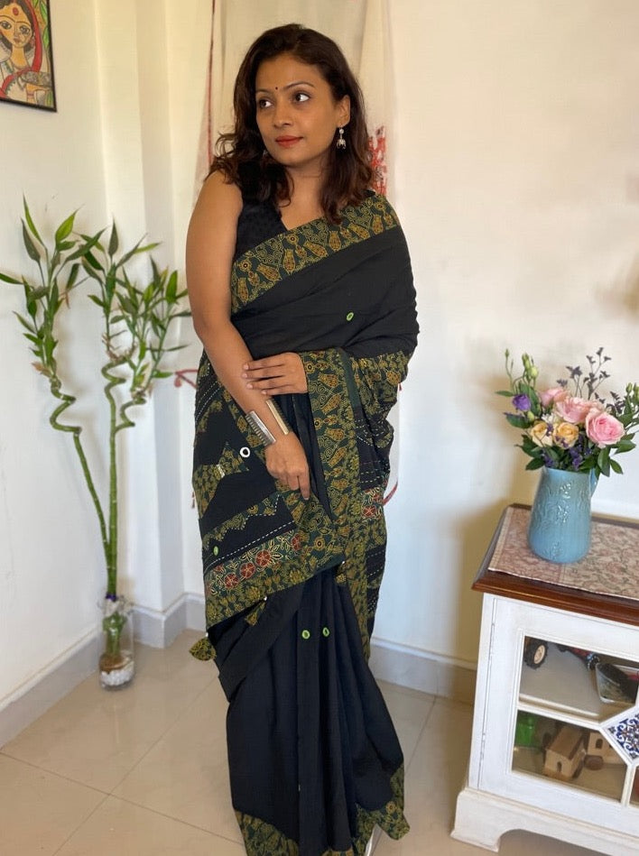 Handmade patchwork cotton saree - Black